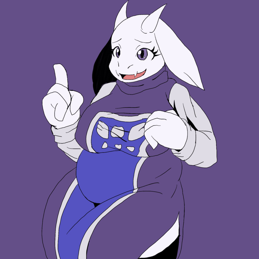 1girl 2010s 2016 4_fingers anthro anthro_only belly big_breasts boss_monster breasts caprine chubby chubby_anthro chubby_female clothed clothing cowboy_shot delta_rune_(emblem) fangs female_anthro female_only floppy_ears furry furry_female furry_only goat goat_ears goat_girl goat_horns horns monster monster_girl open_mouth pointing pointing_up purple_background purple_clothing purple_eyes simple_background skin_fangs solid_color_background solo_anthro solo_female toriel undertale undertale_(series) unknown_artist