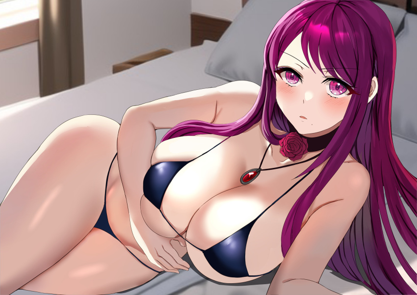 1girl alluring alternate_costume bare_shoulders bare_thighs beauty_mark bed bed_sheet big_breasts bikini blue_bikini blue_swimsuit blush breasts choker cleavage female_only fire_emblem fire_emblem_engage flower ivy_(fire_emblem) jewelry long_hair looking_at_viewer lying micro_bikini mole mole_under_mouth necklace nintendo on_side open_mouth parted_lips purple_eyes purple_hair rose sideboob sidelocks skindentation string_bikini swimsuit tara_(szzj7733) thighs under_boob