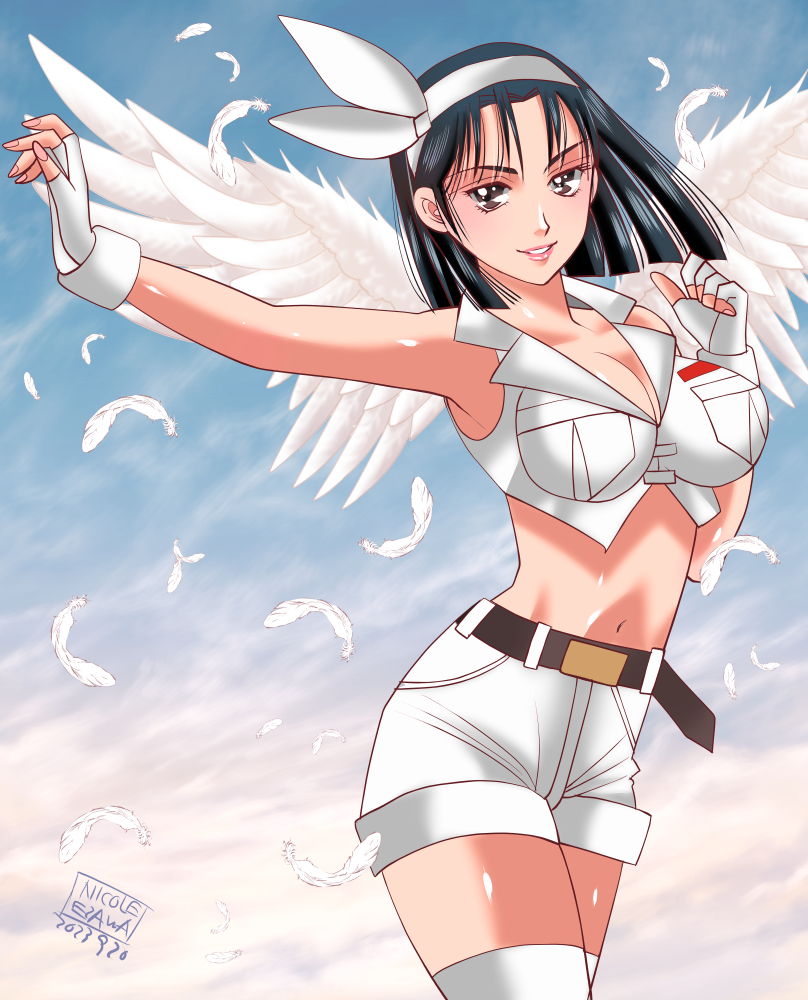 1girl alluring angel_wings big_breasts brown_hair cleavage kazama_jun milf namco nicole_ezawa shorts tekken tekken_2 tekken_bloodline tekken_tag_tournament tekken_tag_tournament_2 tekken_the_motion_picture white_shorts