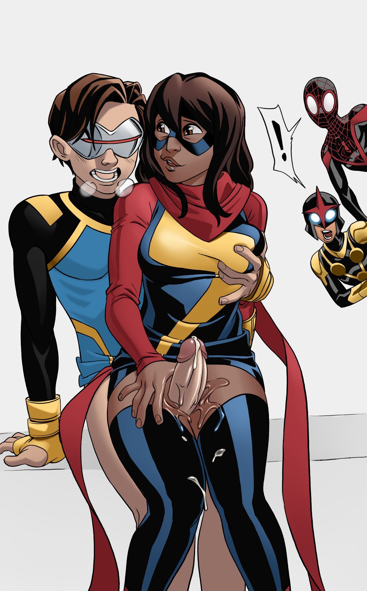 1girl big_breasts big_penis breast_grab breast_squeeze breasts brown_eyes brown_hair brown_skin cum cum_on_legs cum_trail cyclops_(x-men) dark-skinned_female interracial kamala_khan light-skinned_male long_hair marvel marvel_comics miles_morales ms._marvel muslim muslim_female nova_(marvel) peeking penis sam_alexander scott_summers shocked spider-man stockings superhero superheroine thigh_sex thighjob