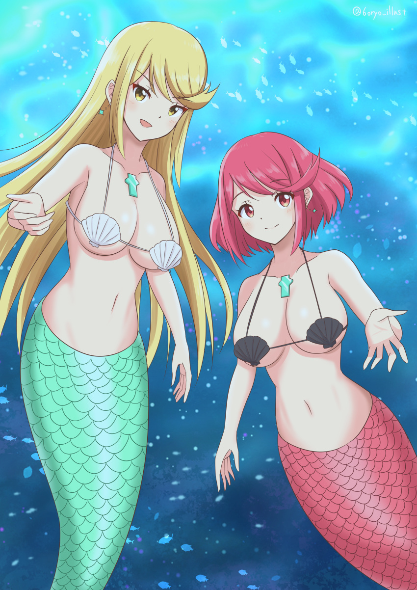 2girls absurd_res alluring alternate_costume big_breasts blonde_hair breasts chest_jewel cleavage core_crystal dual_persona earrings female_focus high_res jewelry matching_hair/eyes mermaid midriff multiple_girls mythra mythra_(xenoblade) navel nintendo pyra pyra_(xenoblade) red_eyes red_hair shell shell_bikini under_boob underwater xenoblade_(series) xenoblade_chronicles_(series) yellow_eyes