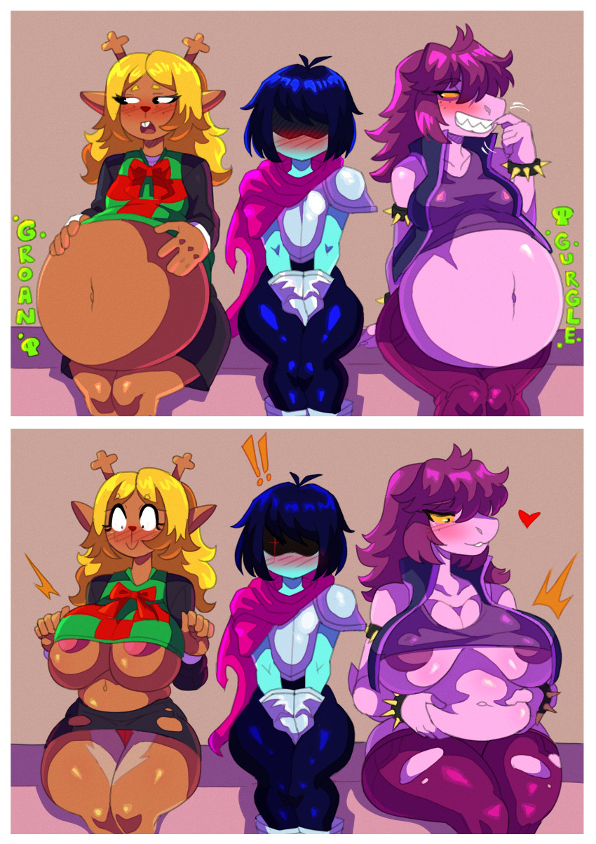 big_belly big_breasts deltarune digestion huge_breasts kris_(deltarune) noelle_holiday sunnyhero susie_(deltarune) thick_thighs vore