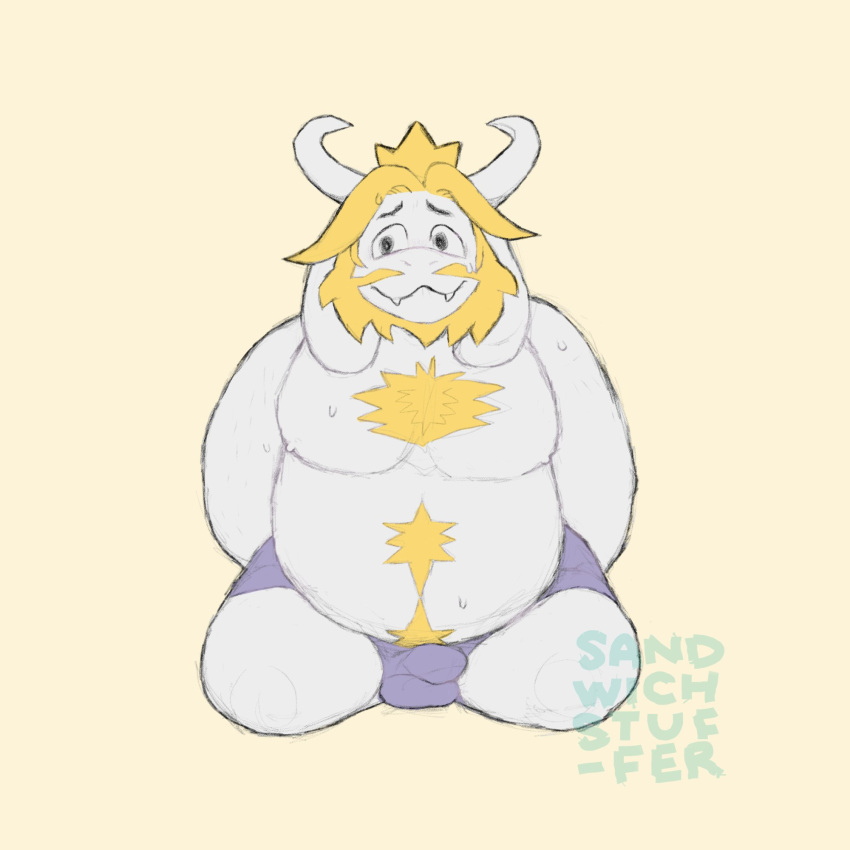 1:1 1:1_aspect_ratio 1boy 1girl 2020s 2023 alternate_version_available anthro anthro_only artist_name asgore_dreemurr beard blonde_hair boss_monster bulge bulge_under_clothes caprine crown floppy_ears furry furry_male furry_only goat goat_ears goat_horns hands_behind_back hi_res high_res high_resolution highres horns kneel looking_away male male_anthro male_only monster monster_boy penis_bulge sandwichstuffer simple_background solid_color_background solo_anthro solo_male underswear undertale undertale_(series) underwear_only yellow_background