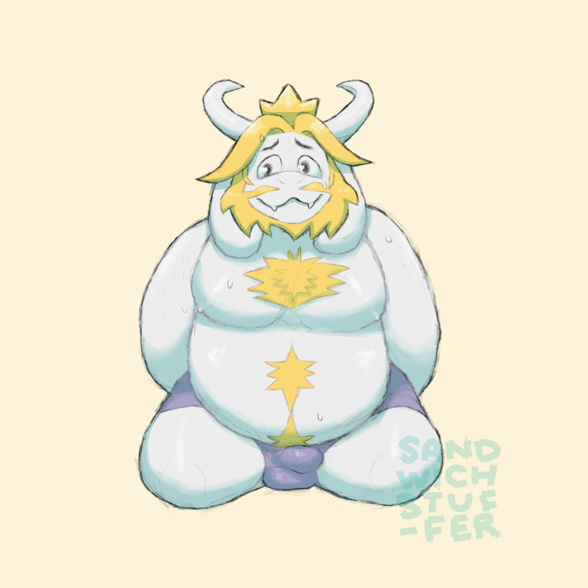 1:1 1:1_aspect_ratio 1boy 2020s 2023 alternate_version_available anthro anthro_only artist_name asgore_dreemurr beard blonde_hair boss_monster bulge bulge_under_clothes caprine crown floppy_ears furry furry_male furry_only goat goat_ears goat_horns hands_behind_back hi_res high_res high_resolution highres horns kneel looking_away male male_anthro male_only monster monster_boy penis_bulge sandwichstuffer simple_background solid_color_background solo solo_anthro solo_male underswear undertale undertale_(series) underwear_only yellow_background