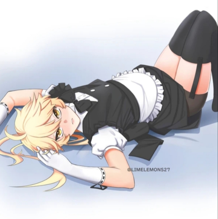 1boy aether_(genshin_impact) blonde_hair bottom_aether crossdressing femboy feminization garter_straps genshin_impact limelemons27 lying_on_back maid maid_outfit maid_uniform male male_only on_back simple_background solo_male thighhighs uke_aether yellow_eyes