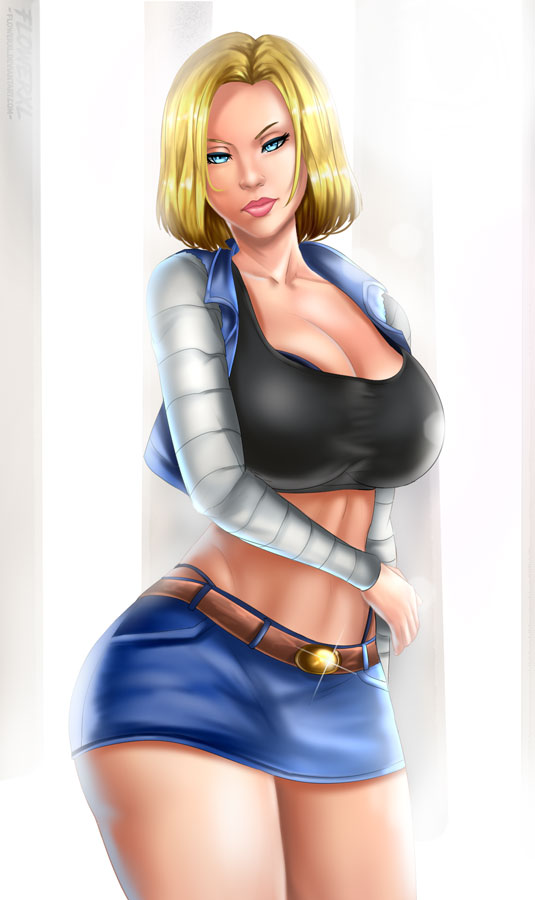 1girl 1girls android_18 blonde blonde_hair blue_eyes cameltoe cleavage curvy dragon_ball erect_nipples flowerxl huge_areolae huge_ass huge_breasts puffy_nipples short_hair thick_lips voluptuous wide_hips yellow_hair