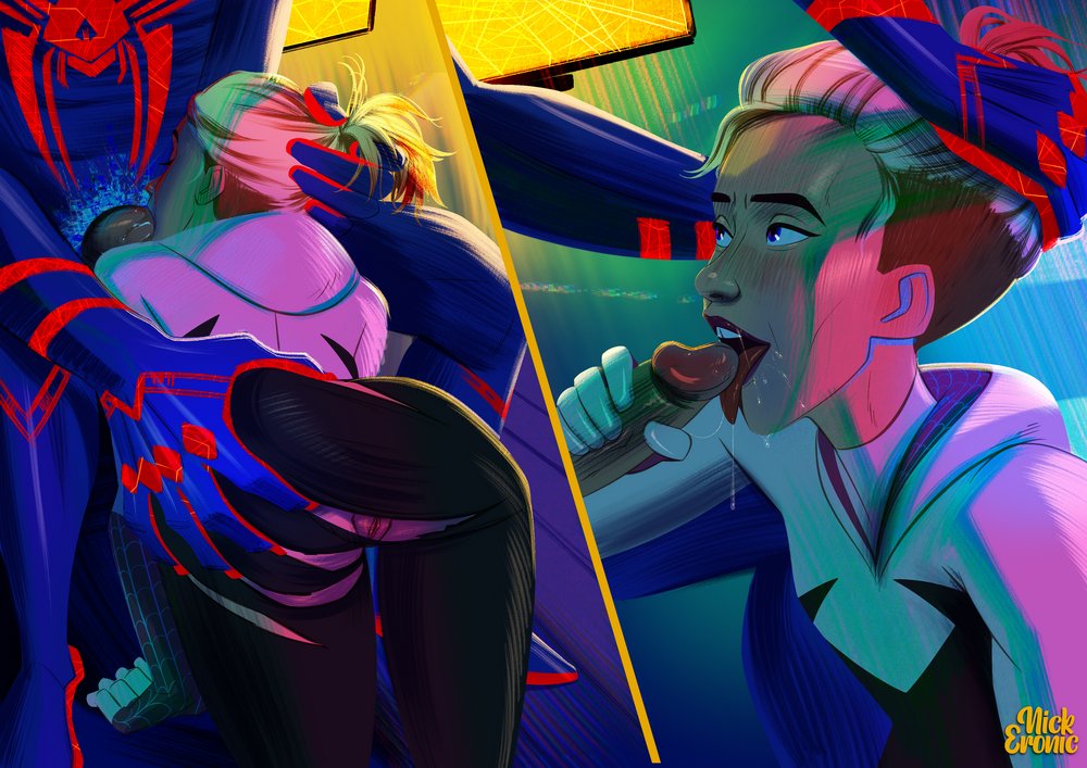 across_the_spider-verse ass_grab blonde_hair blue_eyes fellatio gwen_stacy licking_penis light-skinned_female marvel miguel_o'hara older_male ripped_bodysuit saliva_string size_difference spider-gwen spider-man_2099