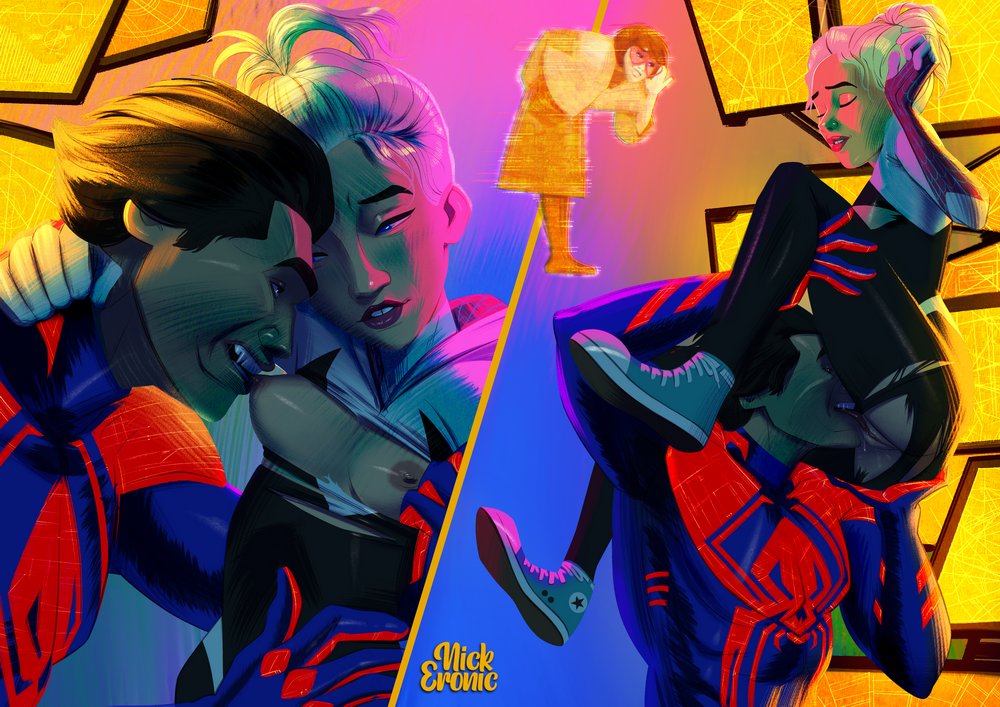 across_the_spider-verse blonde_hair blue_eyes gwen_stacy light-skinned_female marvel miguel_o&amp;#039;hara older_male size_difference spider-gwen spider-man_2099
