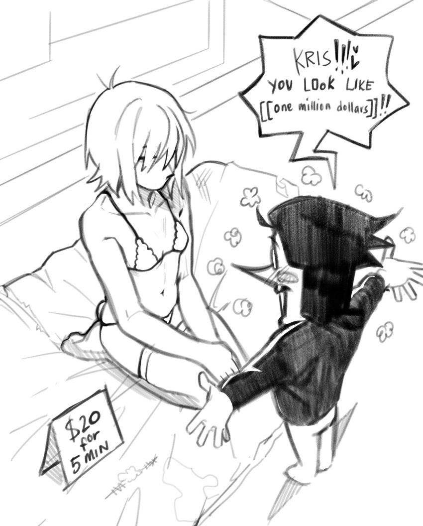 1_girl 1boy 1girl 2020s 2021 bigger_female bikini bikini_bottom bikini_top black_and_white breasts clothed clothing darkner deltarune duo english_text female female_human female_kris_(deltarune) flat_chest flat_chested hair human humanoid implied_prostitution kneeling kris_(deltarune) kris_female_(deltarune) larger_female legwear male minominoks monochrome pointy_nose price sitting small_breasts smaller_male spamton_g_spamton stockings text thighhighs undertale_(series)