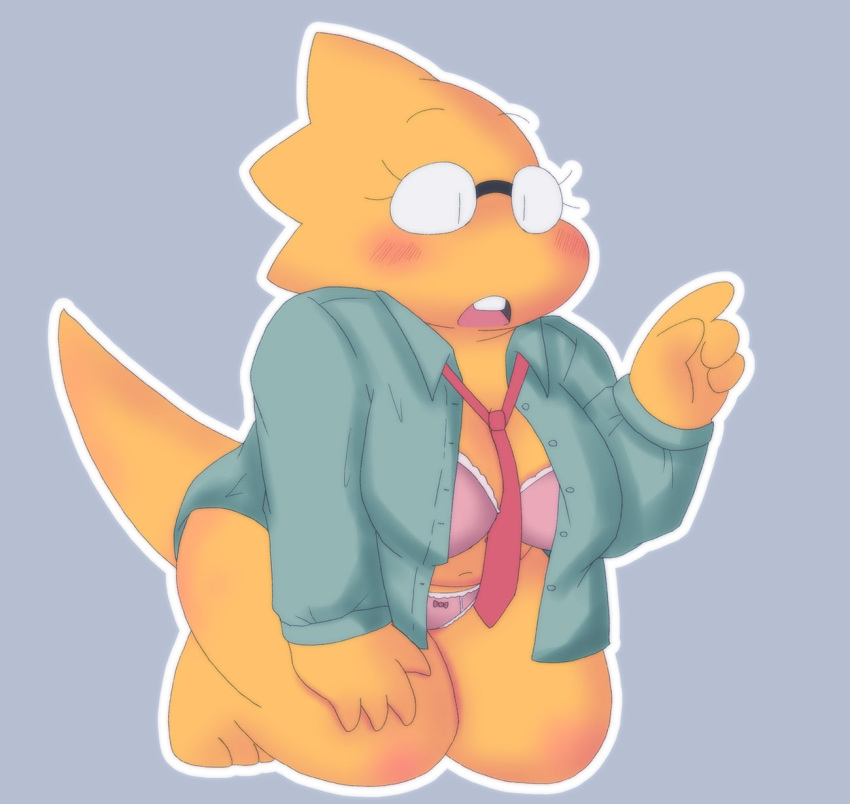 1_girl 1girl adorable alphys alphys_(undertale) anthro anthro_only aruput aruput_ut blue_background bow_panties bra breasts chubby chubby_anthro chubby_female cute deltarune female female_anthro female_only glasses kneeling lizard lizard_girl lizard_tail monster neck_tie necktie necktie_between_breasts non-mammal_breasts open_clothes open_mouth open_shirt panties pink_bra pink_eyes pointing red_necktie reptile reptile_girl reptile_tail scalie simple_background solid_color_background solo solo_anthro solo_female source_request tail tie unbuttoned unbuttoned_shirt undertale undertale_(series) yellow_body yellow_skin