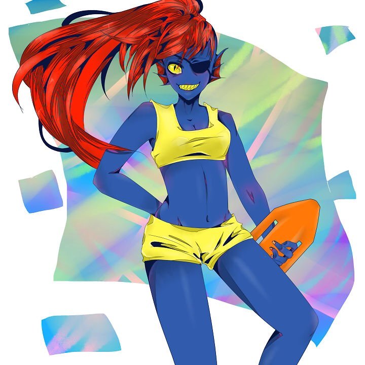 1:1 1:1_aspect_ratio 1_girl 1girl 2010s 2016 anthro anthro_only blue_body blue_skin breasts ear_fins eye_patch eyepatch female_anthro female_only fish fish_girl hair hand_behind_back long_hair marine monster navel non-mammal_breasts red_hair slit_pupils solo_anthro solo_female swimsuit undertale undertale_(series) undyne unknown_artist yellow_sclera yellow_swimsuit