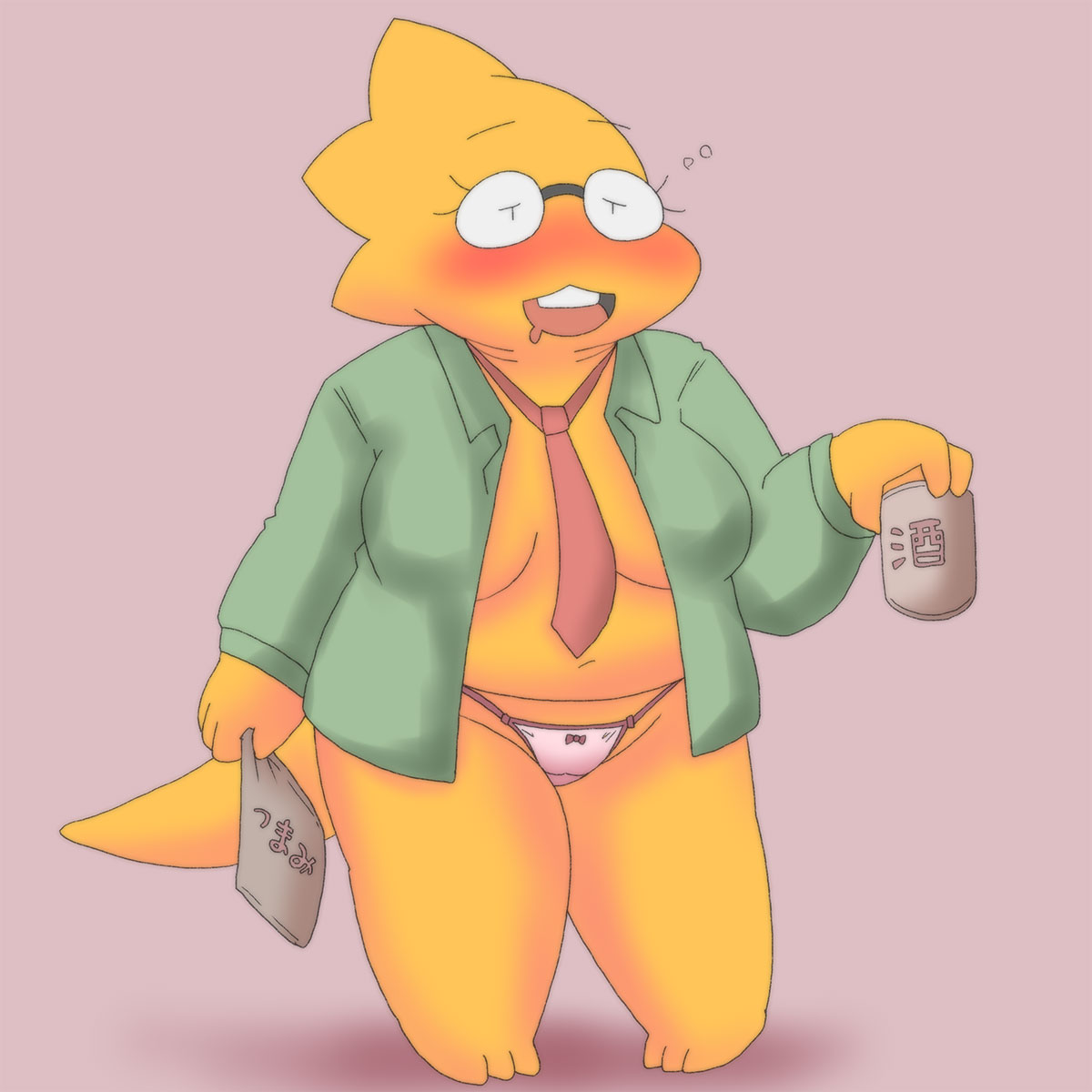 1:1 1:1_aspect_ratio 1girl adorable alphys alphys_(undertale) anthro anthro_only aruput aruput_ut bow_panties breasts chubby chubby_anthro chubby_female cute deltarune drunk female female_anthro female_only glasses holding_object lizard lizard_girl lizard_tail monster neck_tie necktie no_bra non-mammal_breasts open_clothes open_shirt panties pink_background pink_panties red_necktie reptile reptile_girl reptile_tail scalie simple_background solo solo_anthro solo_female source_request tail tie unbuttoned unbuttoned_shirt undertale undertale_(series) unknown_source yellow_body yellow_skin