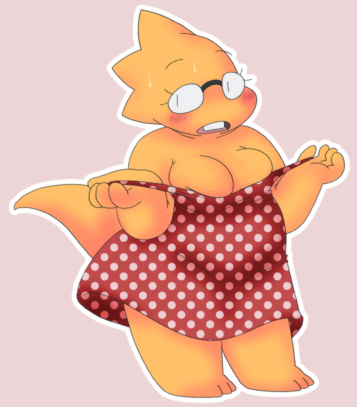 1girl 1girl 1girls 2020s 2022 adorable alphys anthro anthro_only aruput aruput_ut big_breasts blush breasts chubby chubby_anthro chubby_female cleavage cute dress embarrassed female_anthro female_only glasses lizard lizard_girl lizard_tail monster non-mammal_breasts pink_background polka_dot_clothing polka_dot_dress reptile reptile_girl reptile_tail scalie simple_background solo_anthro solo_female sundress sweat sweatdrop sweating tail undertale undertale_(series) undressing yellow_body yellow_skin