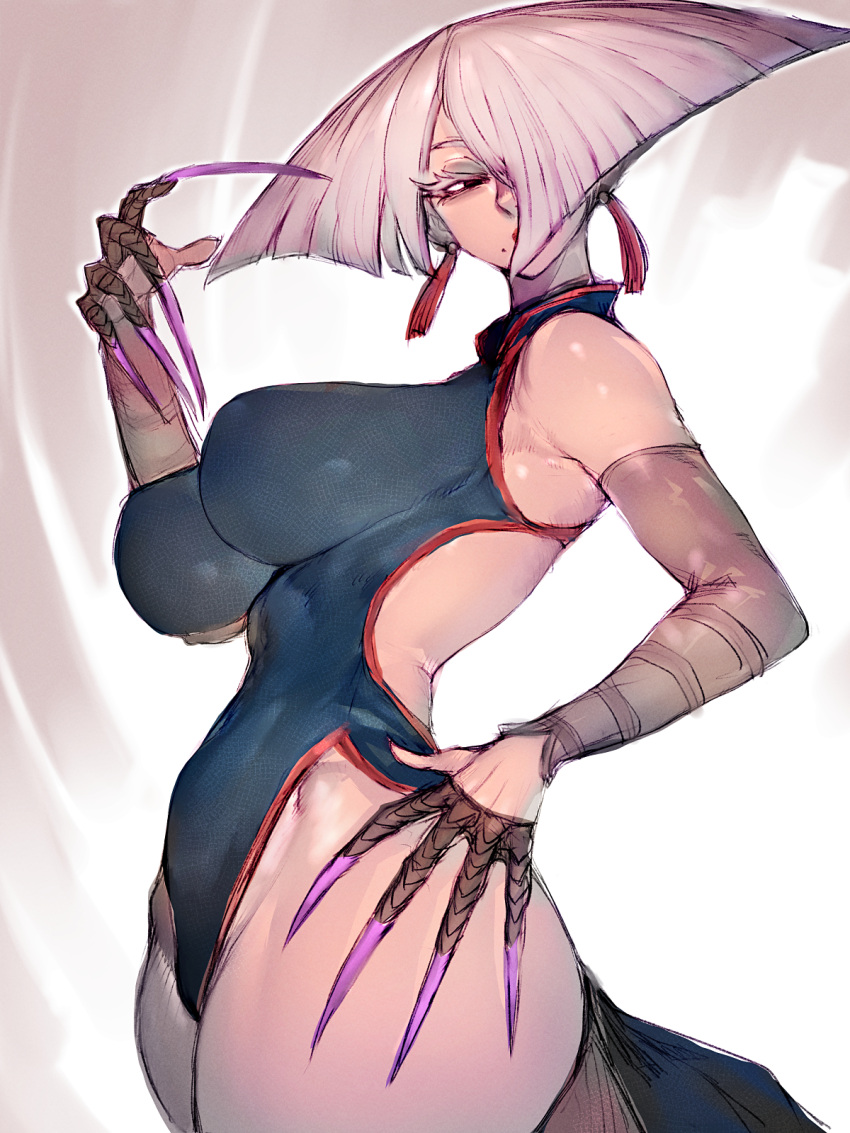 1girl 1girls a.k.i._(street_fighter) big_breasts breasts capcom fumio_(rsqkr) hair_over_one_eye highleg_leotard leotard long_nails pale-skinned_female pale_skin slim_waist street_fighter street_fighter_6 thick_thighs white_hair