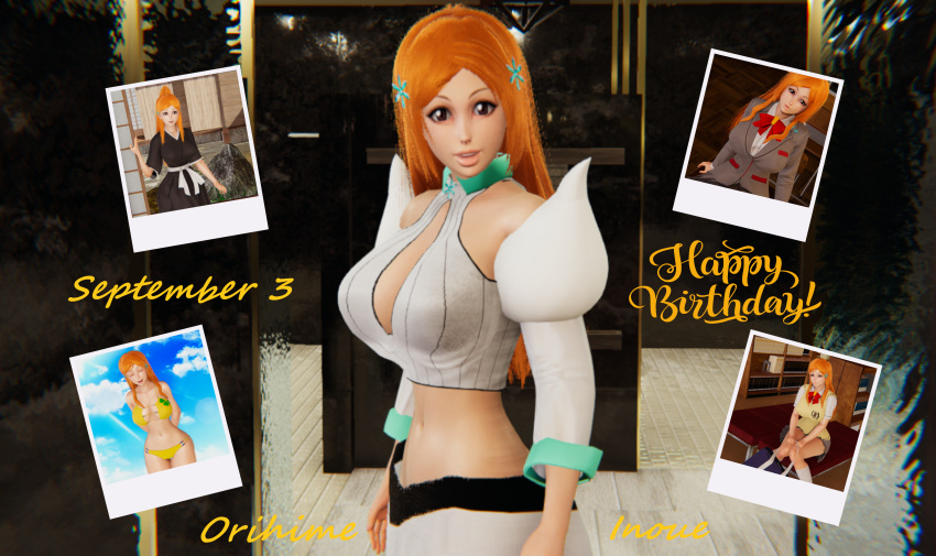 1girl 3d 3d_custom_girl_(game) arrancar arrancar_clothes big_breasts bleach bleach:_the_thousand-year_blood_war blue_eyes blunt_bangs blush breasts breasts_squeezed_together hands_in_opposite_sleeves happy_birthday hetero high_res inoue_orihime inoue_orihime_(cosplay) legs long_hair looking_at_viewer orihime very_long_hair