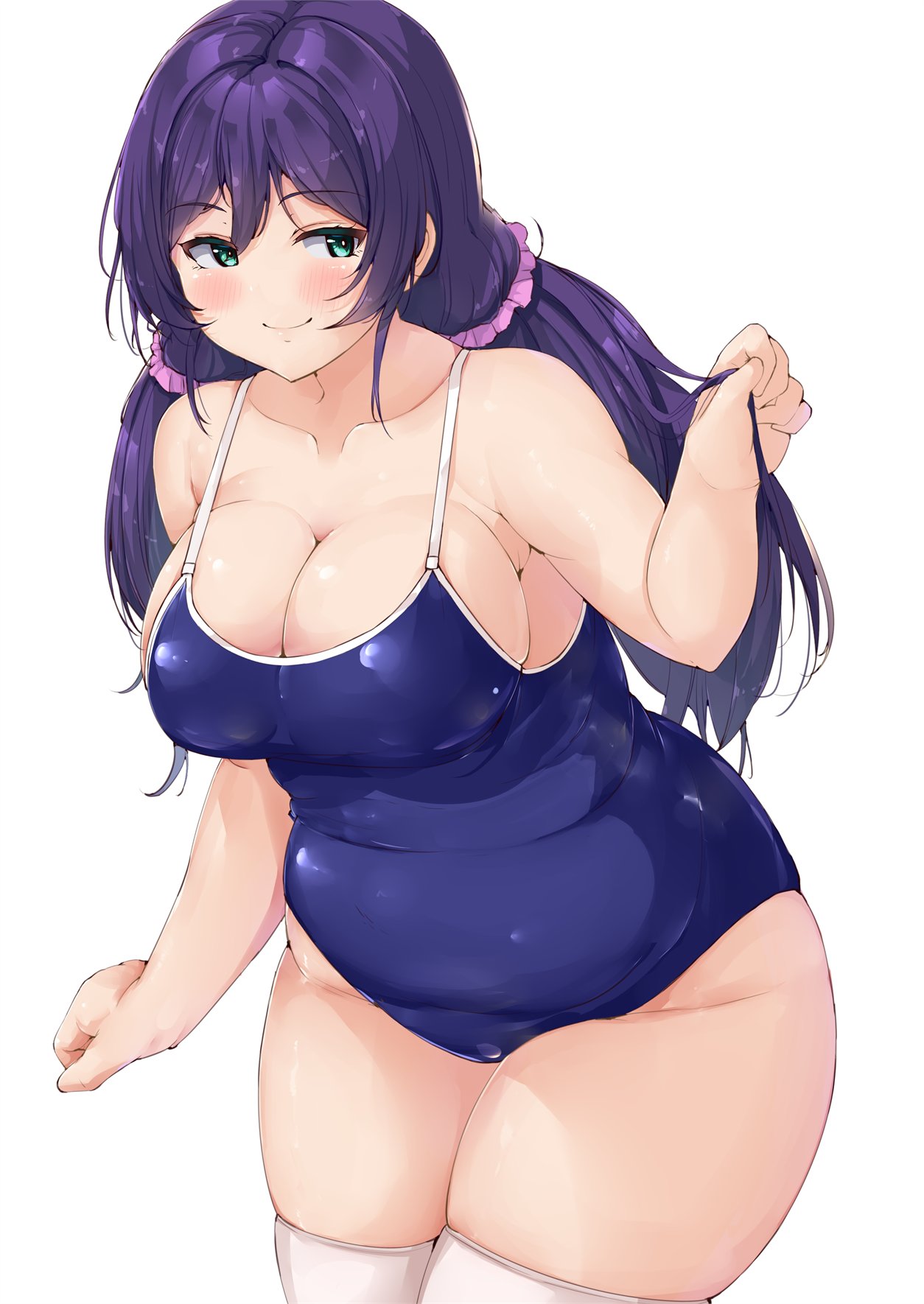 1girl absolute_territory accessory bare_shoulders big_breasts breasts busty clavicle cleavage clothed clothing collarbone green_eyes hair_accessory hair_ornament huge_breasts iso_shino legwear light-skinned_female light_skin long_hair looking_at_viewer love_live! love_live!_school_idol_project low_twintails one-piece_swimsuit portrait purple_hair school_swimsuit sexy sexy_body sexy_breasts shiny shiny_clothes shiny_skin simple_background smile smiling_at_viewer stockings swimsuit swimwear thicc thick thick_thighs thighs three-quarter_portrait tied_hair toujou_nozomi twin_tails white_background white_legwear white_thighhighs wide_hips zettai_ryouiki