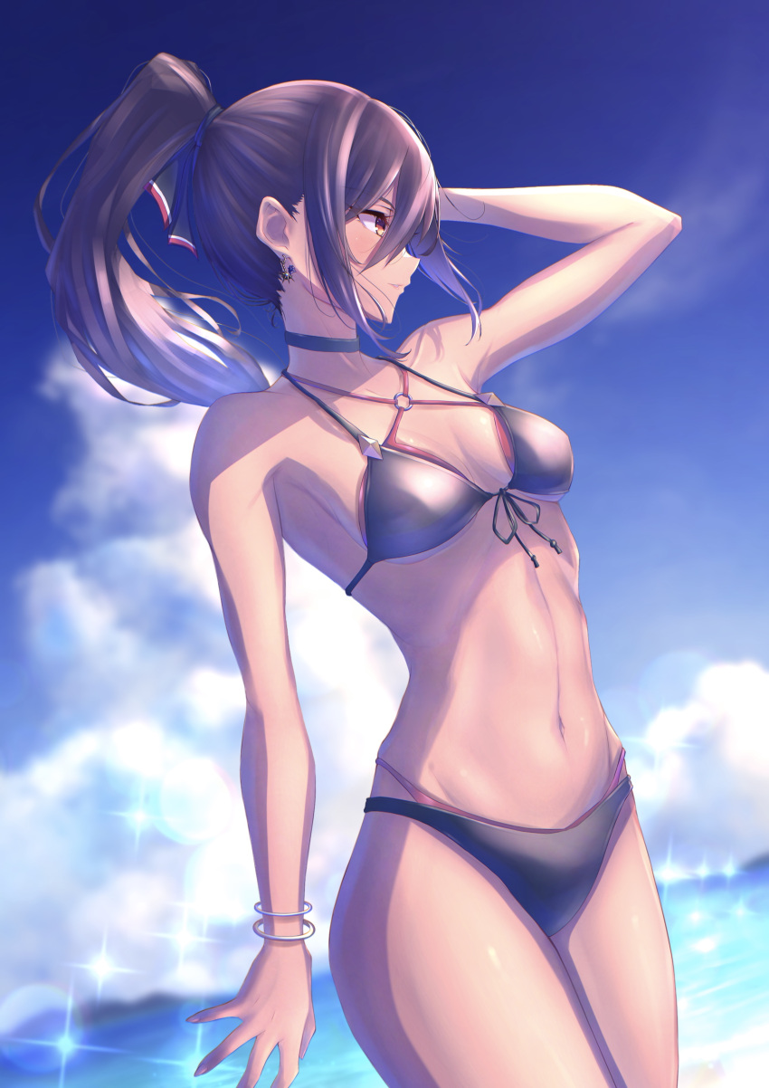 1girl absurd_res alluring arm_behind_head bikini black_bikini black_hair blue_sky breasts cloud cowboy_shot day front-tie_bikini_top front-tie_top hakusai_(hksicabb) high_res layered_bikini morag_ladair morag_ladair_(xenoblade) navel nintendo ocean outside ponytail red_bikini sidelocks sky small_breasts swimsuit xenoblade_(series) xenoblade_chronicles_(series) xenoblade_chronicles_2