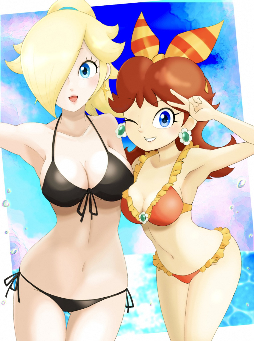 2girls alluring asayakesunsun bikini black_bikini blue_eyes breasts brooch cleavage curvy duo earrings eyebrows_visible_through_hair female_only flipped_hair flower_earrings frilled_bikini frills ginger_hair hair_over_one_eye hairbow light-skinned_female light_skin lips looking_at_viewer mario_(series) mario_kart_8 medium_breasts nintendo one_eye_closed open_mouth orange_bikini parted_bangs platinum_blonde_hair ponytail princess_daisy princess_rosalina rosalina shoulder_length_hair size_difference smile smiling_at_viewer star_earrings string_bikini striped_hairbow super_mario_bros. swimsuit thick thick_hips thick_thighs thighs tied_hair v wide_hips