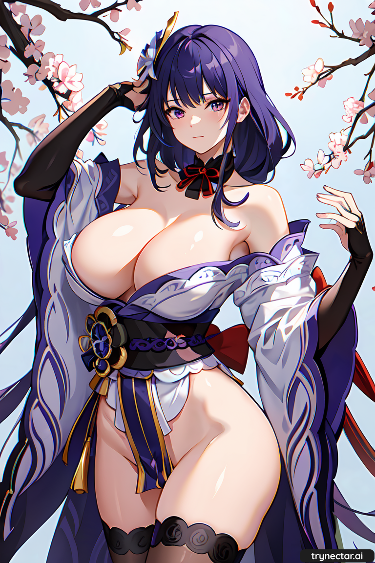 ai ai_generated aiart big_breasts braid breasts cleavage digital_media_(artwork) genshin_impact japanese_clothes kimono purple_hair raiden_shogun thick_thighs thighs yukata