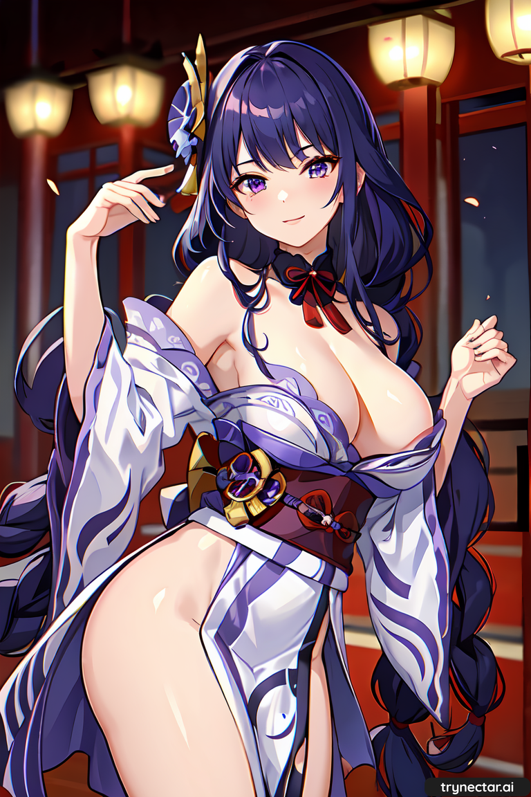 ai ai_generated aiart braid breasts cleavage digital_media_(artwork) genshin_impact japanese_clothes kimono purple_hair raiden_shogun thighs yukata
