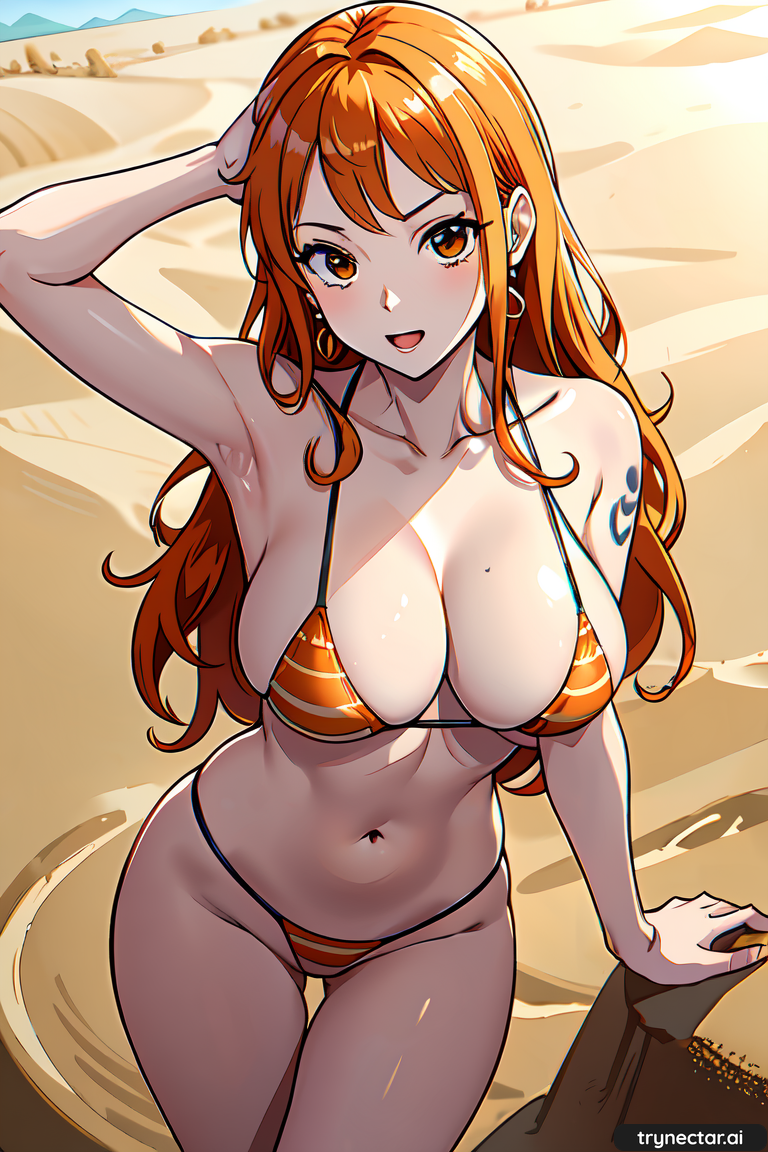 ai ai_generated bikini breasts cleavage dessert nami nami_(one_piece) one_piece post_timeskip swimsuit thighs two_piece_swimsuit
