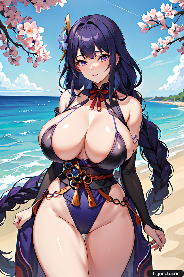 ai_generated beach big_breasts braid breasts cleavage genshin_impact huge_breasts kimono purple_hair raiden_shogun thick_thighs thighs yukata