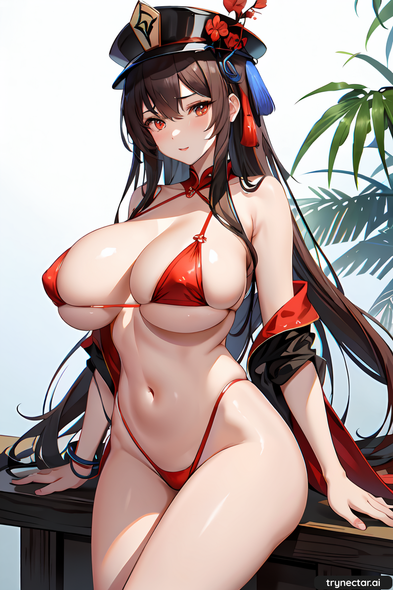 ai_generated big_breasts bikini breasts female_only genshin_impact hat hentai hu_tao huge_breasts nsfw red_bikini sexy swimsuit thighs trynectar.ai
