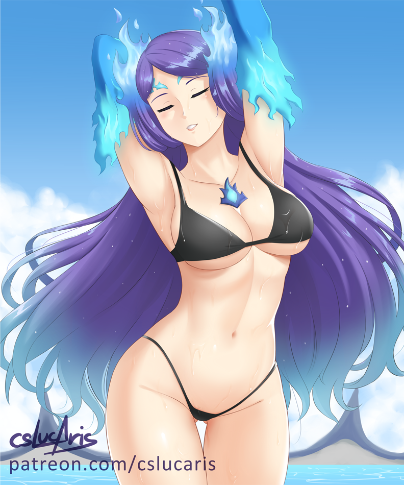 1girl 1girl armpits big_breasts bikini black_bikini breasts brighid_(xenoblade) cleavage closed_eyes collarbone cslucaris day fire gloves head_tilt highleg highleg_bikini long_hair micro_bikini mountainous_horizon navel nintendo outside parted_lips purple_hair simple_background smile standing swept_bangs swimsuit thighs very_long_hair water xenoblade_(series) xenoblade_chronicles_(series) xenoblade_chronicles_2