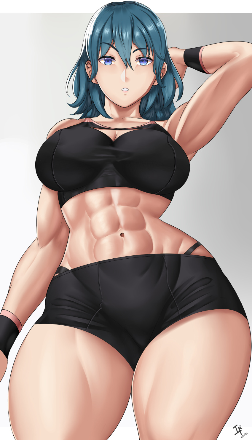 1girl abs absurd_res alluring arcedo athletic_female bcleavage big_breasts blue_eyes breasts byleth_(female) byleth_(fire_emblem) byleth_(fire_emblem)_(female) collarbone curvy female_abs fire_emblem fire_emblem:_three_houses fit_female grey_background high_res long_hair looking_at_viewer nintendo parted_lips shorts simple_background sports_bra stomach teal_hair thick_thighs thighs wide_hips wristband