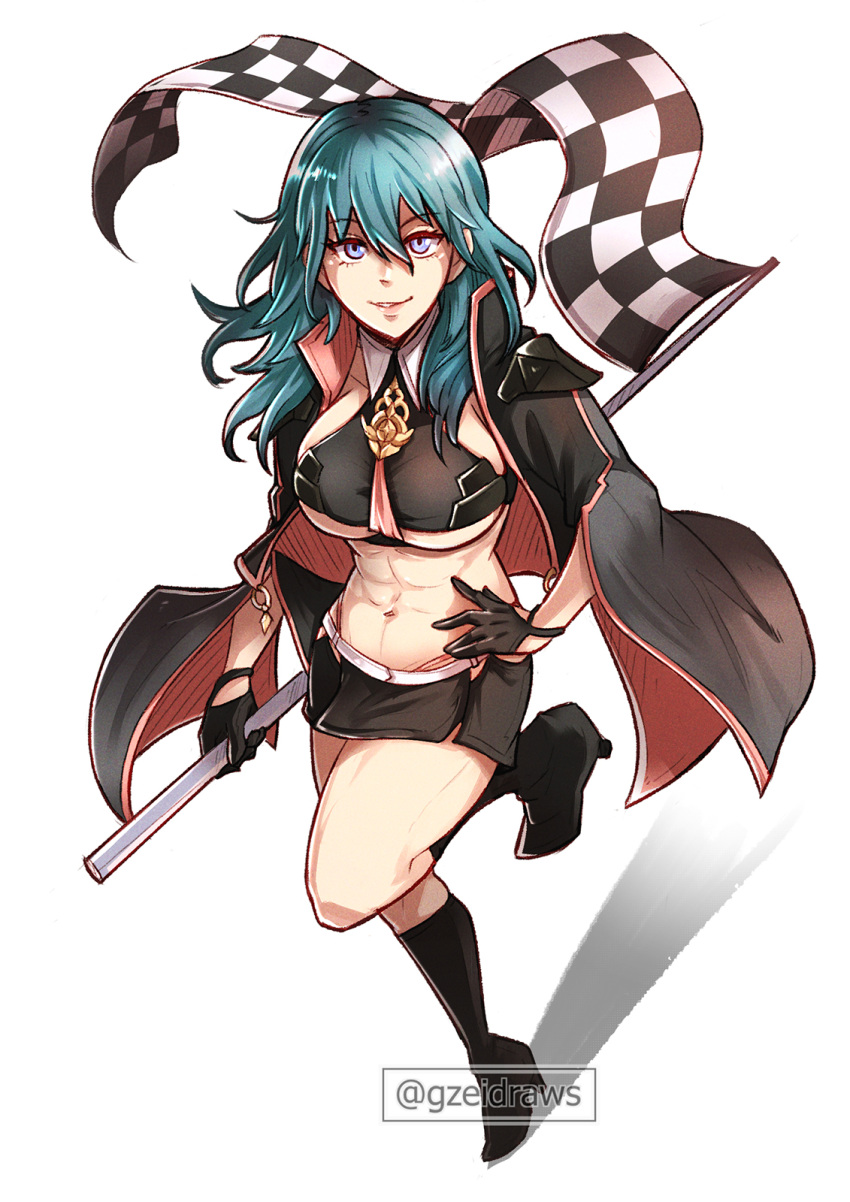 1girl abs alluring alternate_costume athletic_female bare_midriff black_cape black_footwear black_gloves black_skirt blue_eyes boots byleth_(fire_emblem) byleth_(fire_emblem)_(female) cape checkered_flag crop_top female_abs female_only fire_emblem fire_emblem:_three_houses fit_female flag gloves gzei gzeidraws hand_on_own_hip high_heel_boots high_heels high_res long_hair looking_at_viewer midriff miniskirt navel nintendo parted_lips race_queen simple_background skirt smile stomach teal_hair thighs white_background