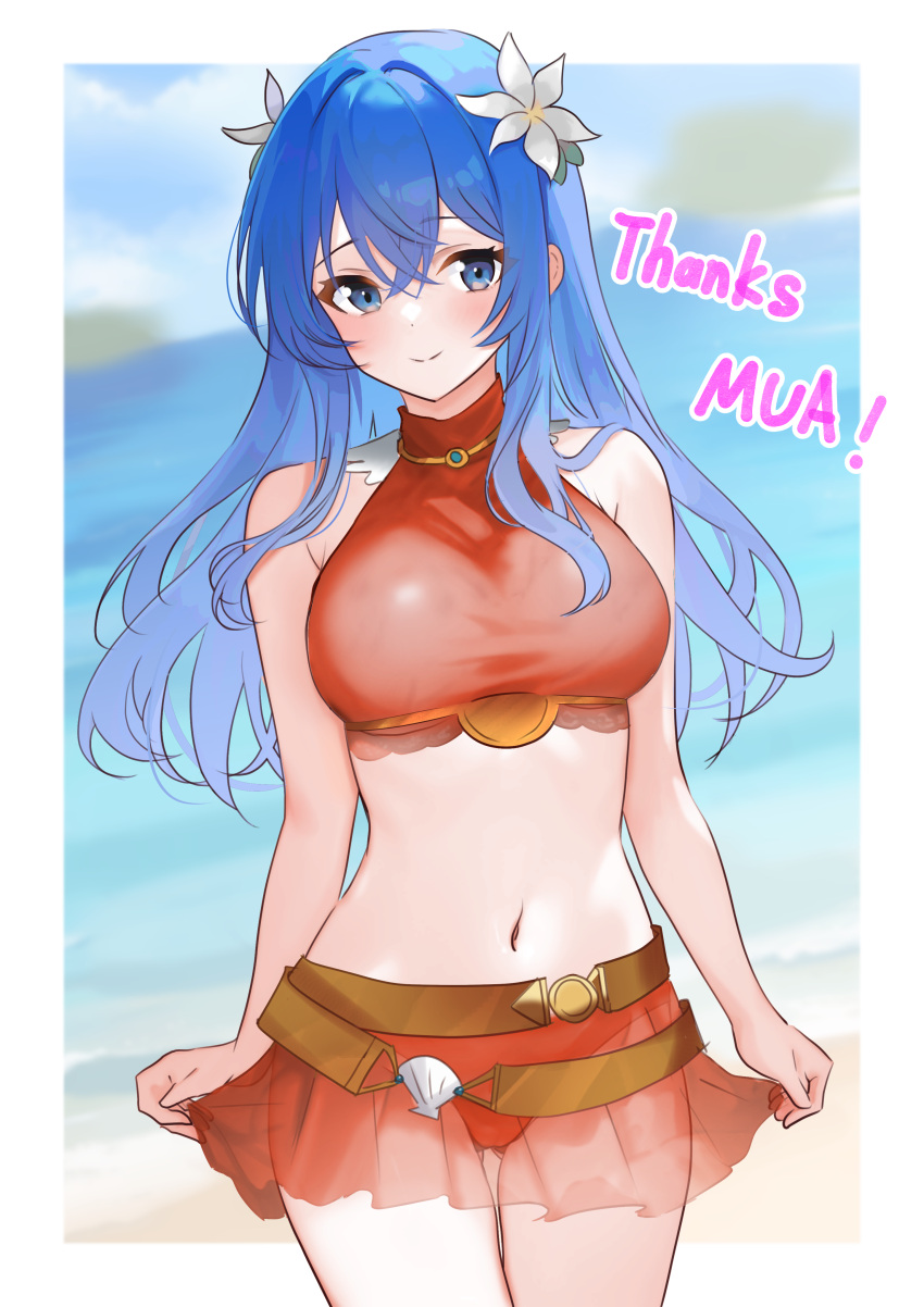 1girl absurd_res alternate_costume ass_visible_through_thighs bare_midriff bare_shoulders bare_thighs beach big_breasts bikini bikini_skirt blue_eyes blue_hair blush breasts caeda caeda_(fire_emblem) caeda_(summer)_(fire_emblem) commentary_request commission female_only fire_emblem fire_emblem:_mystery_of_the_emblem fire_emblem:_shadow_dragon_and_the_blade_of_light fire_emblem_heroes flower got0_naisho hair_between_eyes hair_flower hair_ornament high_res long_hair looking_at_viewer midriff navel nintendo ocean official_alternate_costume outside red_bikini red_swimsuit see-through skeb_commission smile swimsuit thank_you thighs