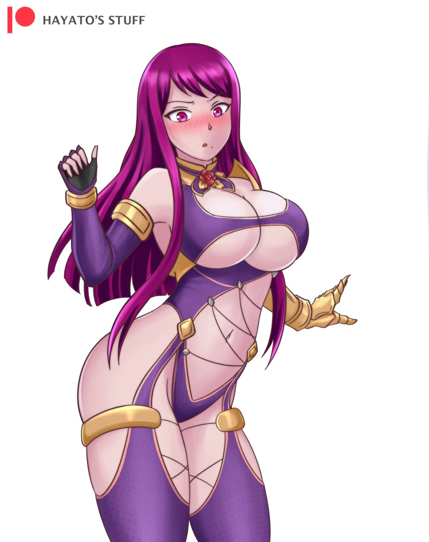 1girl alluring alternate_costume belly big_breasts blush breasts cleavage cosplay embarrassed fire_emblem fire_emblem_engage gloves hayato_stuff isabella_valentine_(cosplay) ivy_(fire_emblem) navel nintendo purple_eyes purple_hair revealing_clothes soul_calibur under_boob