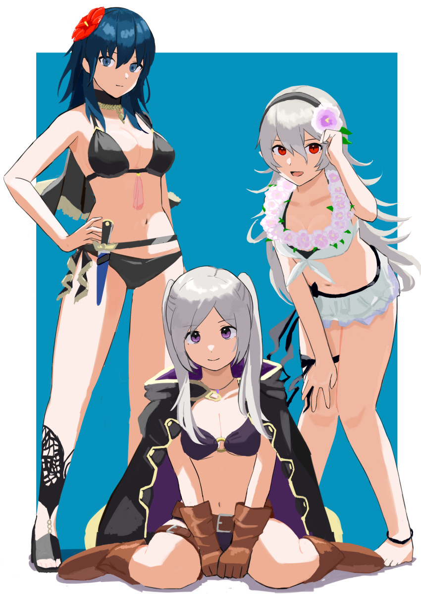 2023 3_girls absurd_res alluring alternate_costume aoyagi_888 bent_knees big_breasts bikini black_bikini black_swimsuit blue_eyes byleth_(fire_emblem) byleth_(fire_emblem)_(female) byleth_(summer)_(fire_emblem)_(female) cape cleavage corrin_(fire_emblem) corrin_(fire_emblem)_(female) corrin_(summer)_(fire_emblem)_(female) dagger female_only fire_emblem fire_emblem:_three_houses fire_emblem_awakening fire_emblem_fates fire_emblem_heroes flower hair_flower high_res lei light-skinned_female light_skin long_hair looking_at_viewer medium_breasts nintendo official_alternate_costume open_mouth purple_bikini purple_eyes purple_swimsuit red_eyes robin_(fire_emblem) robin_(fire_emblem)_(female) robin_(summer)_(fire_emblem)_(female) simple_background tassel teal_hair twin_tails white_bikini white_hair white_swimsuit