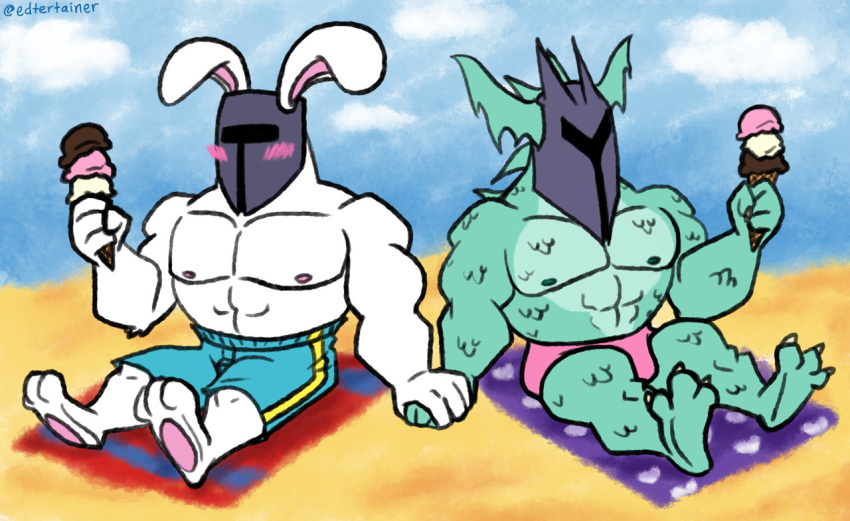 2010s 2015 2boys abs anthro anthro_only bara beach blush blush_stickers bunny dragon duo edtertainer food furry furry_male gloves green_body green_scales green_skin hair_tuft hand_holding helmet hert ice_cream lagomorph leporid male male/male male_nipples male_only monster monster_boy muscle muscular muscular_anthro muscular_male navel nipples outside pecs pectorals rabbit reptile rg01_(undertale) rg02_(undertale) scales scalie simple_background sitting swimming_trunks topless_anthro topless_male undertale undertale_(series) underwear unseen_male_face white_body white_fur yaoi