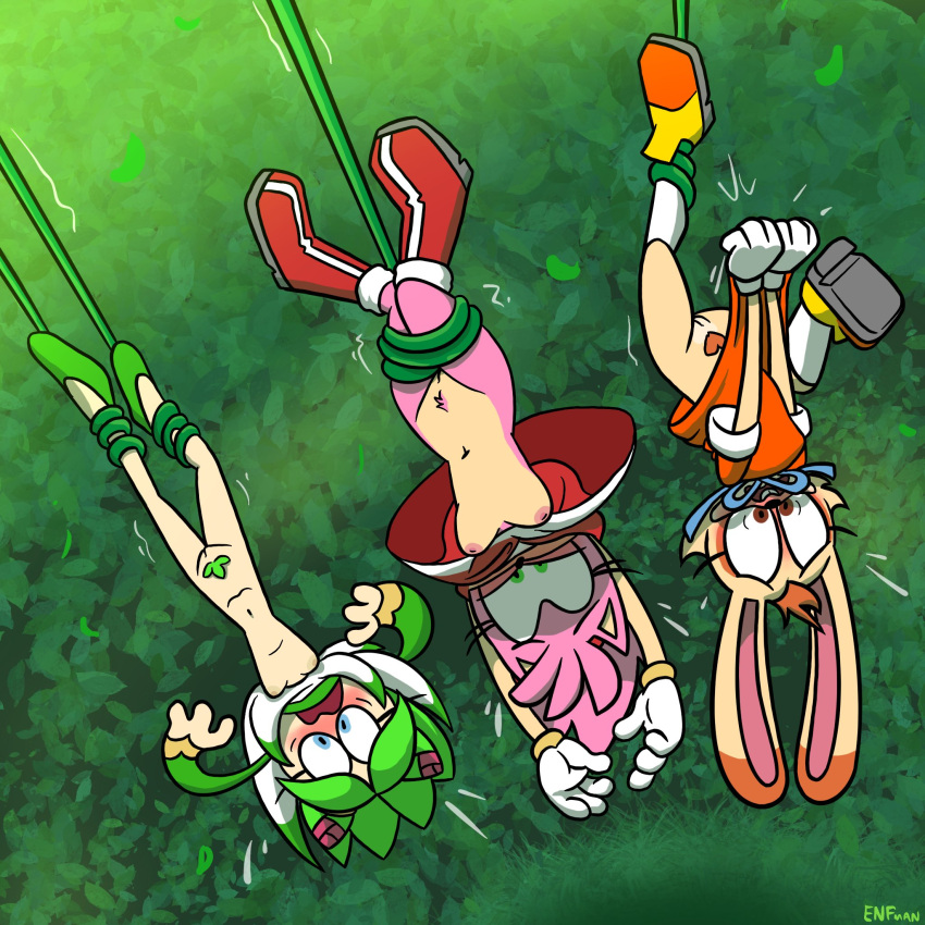 3girls aged_up alien alien_girl amy_rose anthro blue_eyes blush bondage boots breasts brown_pubic_hair cosmo_the_seedrian cream_the_rabbit dress dress_shoes embarrassed embarrassed_nude_female female female_only female_pubic_hair furry gloves green_eyes green_hair green_pubic_hair hedgehog medium_breasts mostly_nude navel nipples no_bra no_panties no_underwear open_mouth pink_fur pink_pubic_hair plant plant_girl pubic_hair pussy rabbit scene_interpretation screaming seedrian sega senftember senftember_(2023) shoes small_breasts socks sonic_the_hedgehog_(series) sonic_x stomach theenfman upside-down wide_eyed