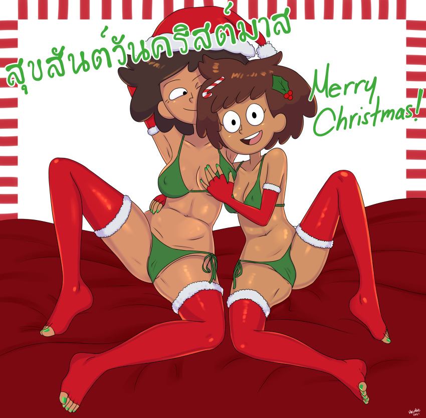 1girl 2_girls age_difference amphibia anne_boonchuy big_breasts bikini cameltoe christmas dark-skinned_female dark_skin daughter disney disney_channel female_focus female_only fingerless_gloves grabbing_breast holidays mature_female medium_breasts milf milf mother_&amp;_daughter mrs._boonchuy nocunoct oum_boonchuy painted_nails spread_legs straight_hair teen toeless_stockings young younger_female