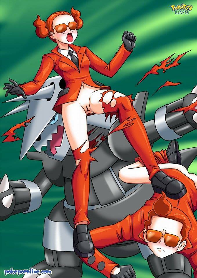 1girl 2boys aggron bbmbbf footwear glasses gloves horns neck_tie orange_clothes orange_clothing orange_hair palcomix pants_removed pokemon_(anime) pokepornlive pussy pussy_reveal shirt shoes shoes_on steel_type_pokemon team_flare wardrobe_malfunction