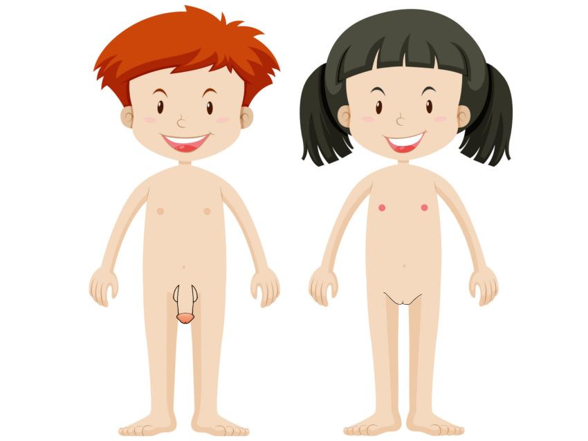 black_hair brown_hair childhood flat_chest kids_boy kids_girl l**i nipples nude original penis pussy s***a simple_background twintails white_background