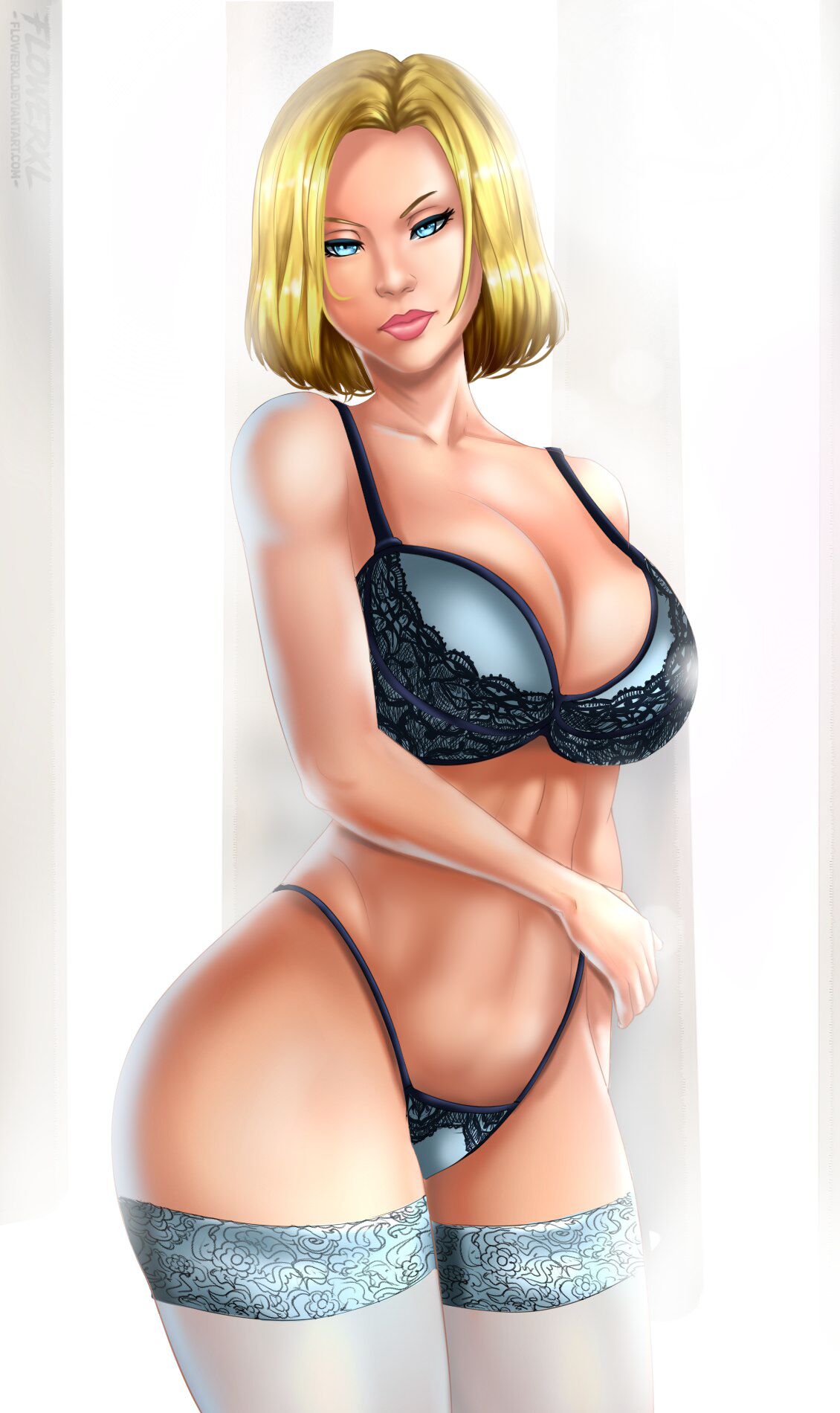 1girl 1girl 1girls adult android_18 blonde_hair blue_eyes blue_lingerie cameltoe cleavage curvy dragon_ball dragon_ball_z erect_nipples flowerxl front_view huge_areolae huge_ass huge_breasts lingerie logo pale-skinned_female pale_skin pink_lipstick pinup puffy_nipples short_hair slim_waist stockings thick_lips thick_thighs voluptuous watermark wide_hips yellow_hair
