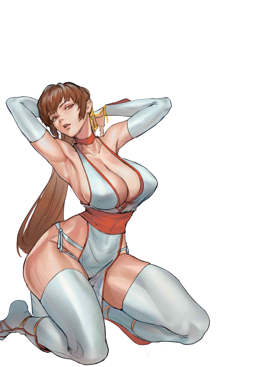 1girl absurd_res alluring arms_behind_head big_breasts breasts brown_eyes brown_hair choker cleavage dead_or_alive dead_or_alive_2 dead_or_alive_3 dead_or_alive_4 dead_or_alive_5 dead_or_alive_6 dead_or_alive_xtreme dead_or_alive_xtreme_2 dead_or_alive_xtreme_3_fortune dead_or_alive_xtreme_beach_volleyball dead_or_alive_xtreme_venus_vacation high_res kasumi kasumi_(doa) kneel kunoichi legs long_hair looking_at_viewer open_mouth ponytail stockings tecmo thick_thighs thighs white_thighhighs