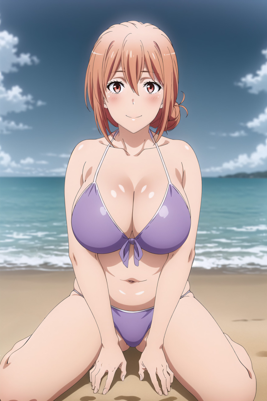 1girl alluring bare_legs beach big_breasts bikini blue_sky cleavage milf ocean on_knees orange_eyes orange_hair takanentr yahari_ore_no_seishun_lovecome_wa_machigatteiru. yuigahama_yui's_mother