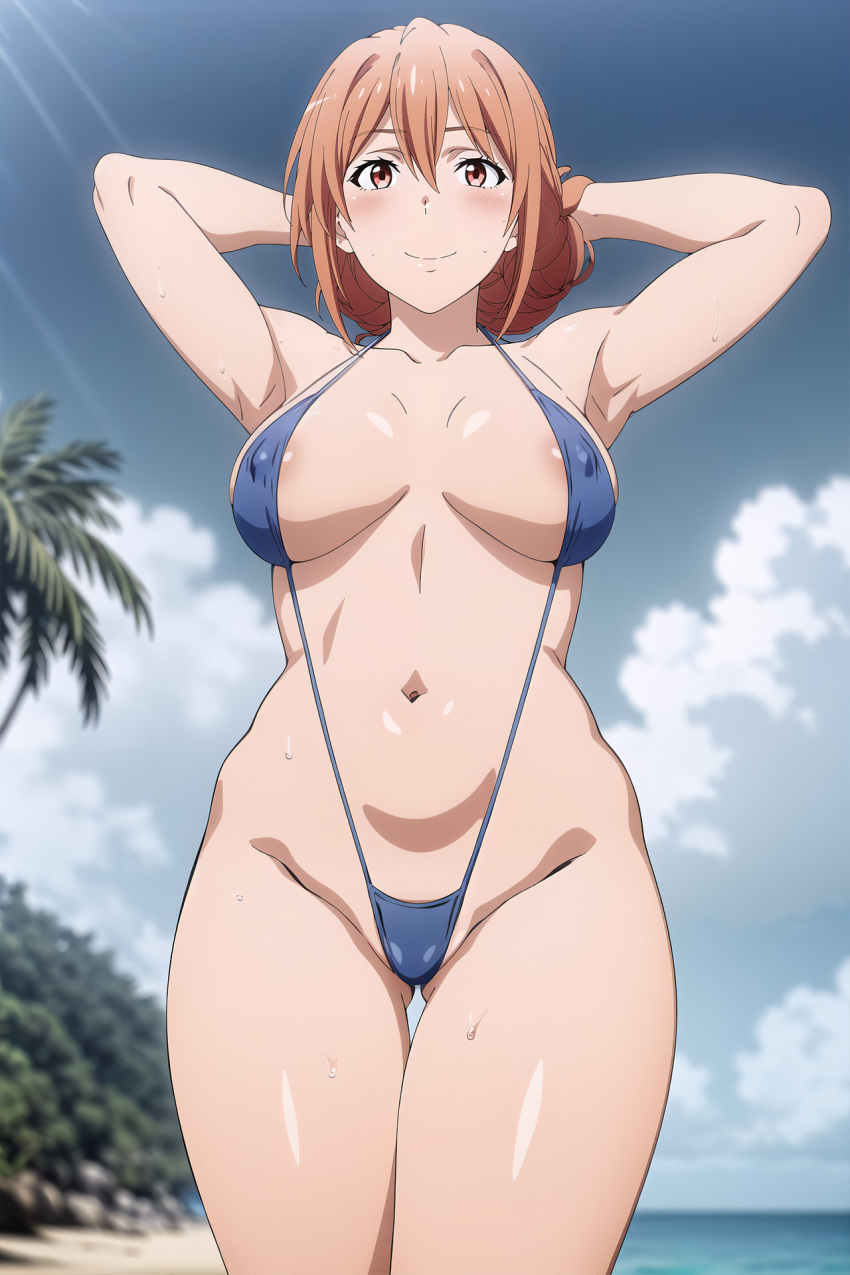 1girl alluring bare_legs beach big_breasts milf ocean orange_hair palm_tree red_eyes sling_bikini takanentr yahari_ore_no_seishun_lovecome_wa_machigatteiru. yuigahama_yui's_mother