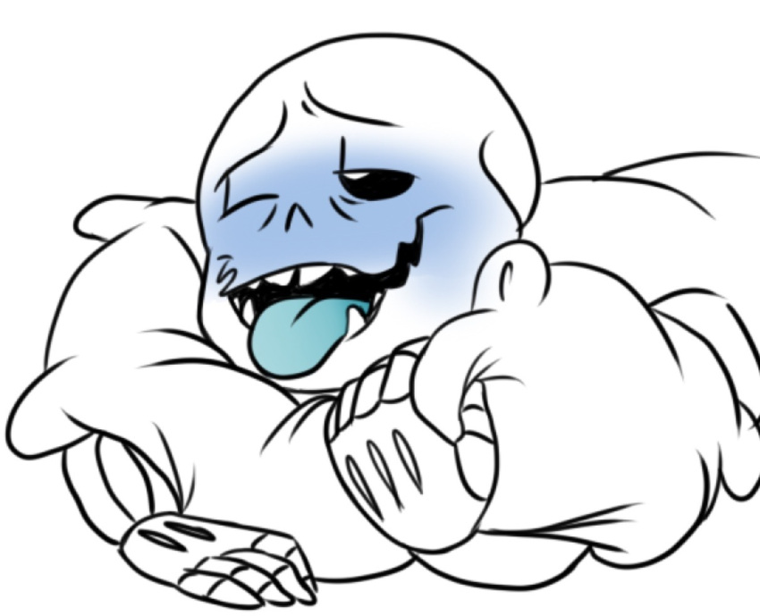 1boy animated_skeleton artist_request ass blue_blush blush bottom_sans clothed clothing ectotongue fangs hugging_pillow male male_focus malesub monster on_stomach one_eye_closed partially_colored pillow sans sans_(undertale) simple_background skeleton solo_focus solo_male submissive submissive_male tongue tongue_out topwear uke_sans undead undertale undertale_(series) white_background