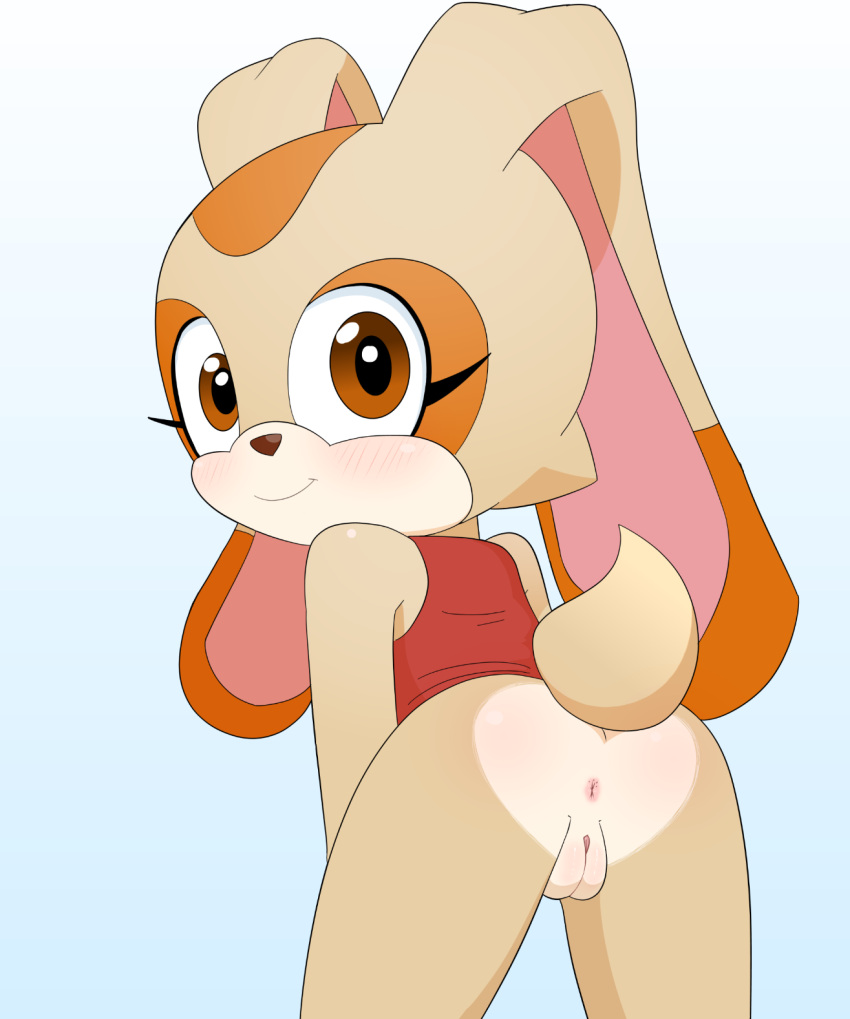 1girl absurd_res animal_ears anthro anus ass bottomless bunny bunny_ears clothing cream_the_rabbit cub eulipotyphlan female_focus furry_female high_res indirectamente lagomorph leporid looking_at_viewer mammal multicolored_body orange_body orange_fur partially_clothed pussy self_upload sonic sonic_the_hedgehog_(series) tan_body tan_fur two_tone_body two_tone_fur