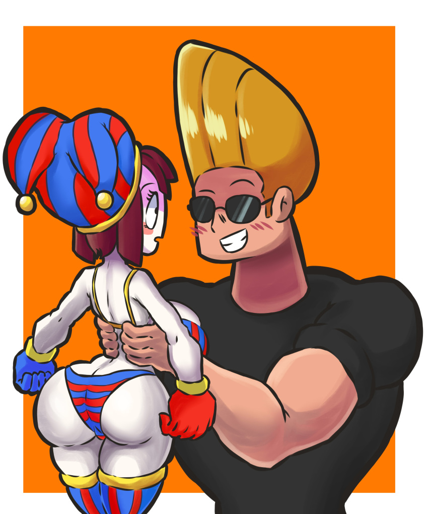 1girl ass big_ass big_breasts black_glasses black_shirt blonde_hair blush bra brown_hair cartoon_network gloves grin holding_body jester jester_costume jester_hat jester_outfit johnny_bravo johnny_bravo_(character) lifting_person looking_at_each_other looking_at_partner lotikmac muscular panties pomni short_hair shortstack size_difference smaller_female tagme the_amazing_digital_circus thick_thighs thighs white_body