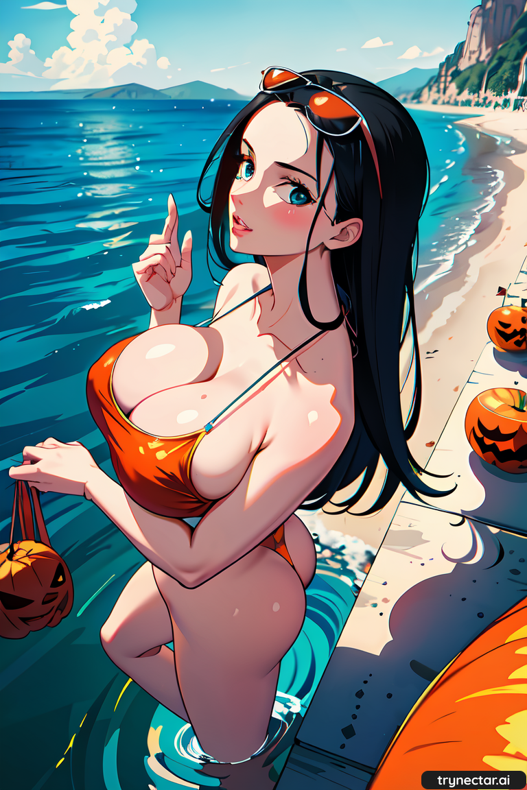 ai ai_generated aiart anime ass ass big_breasts bikini booty breasts cleavage digital_media_(artwork) halloween hentai nico_robin one_piece pumpkin robin swimsuit thighs
