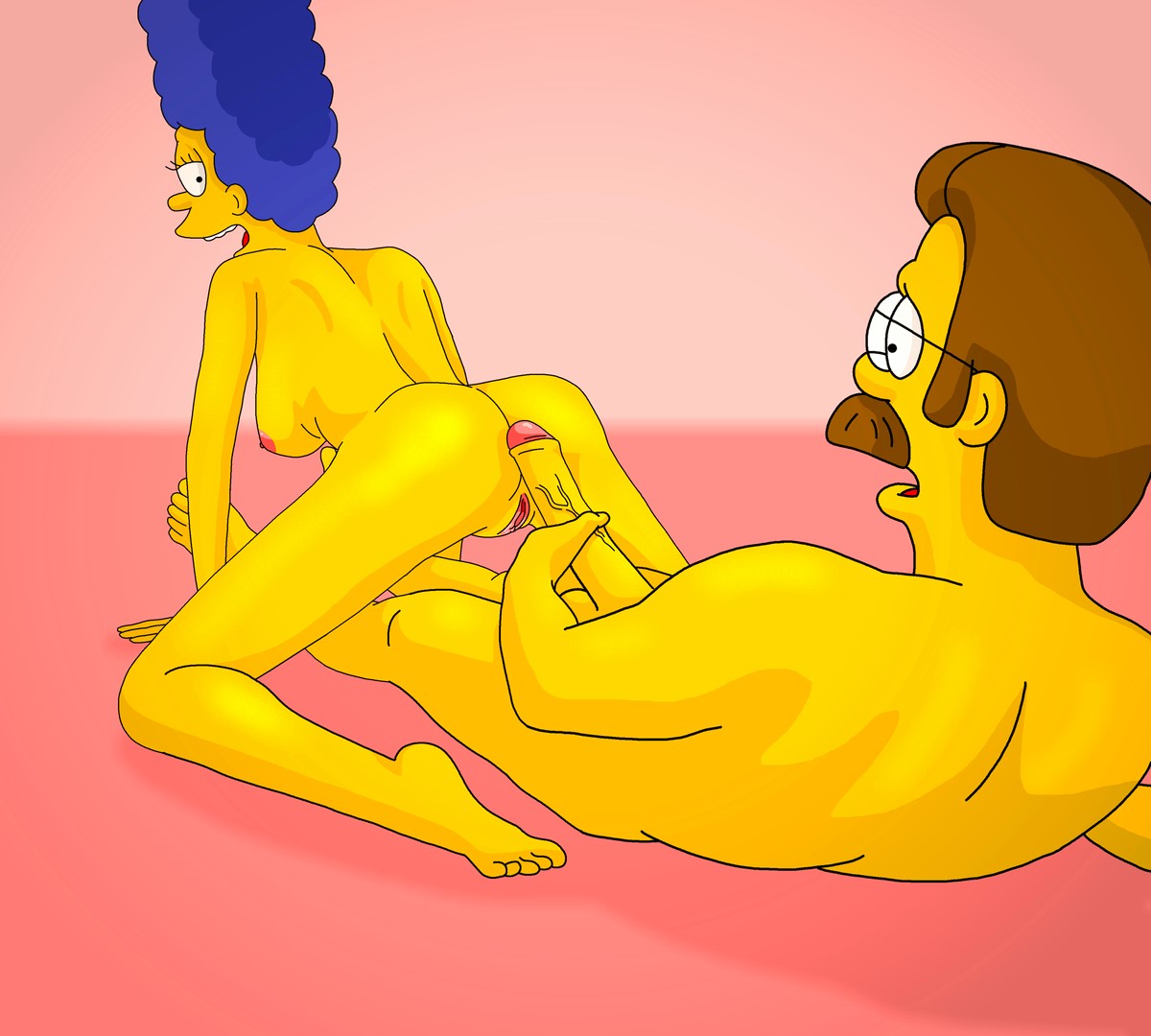 ass breasts erect_penis evilweazel_(artist) glasses marge_simpson massive_penis ned_flanders nipples nude shaved_pussy the_simpsons thighs
