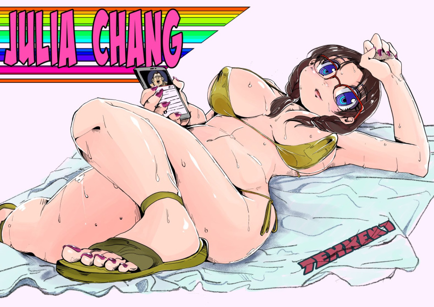 1boy 1girl big_breasts bikini blue_eyes braid cellphone clothed feet ganryu_(tekken) julia_chang looking_at_viewer nipple_bulge painted_nails promacia red_nails sandals sweat tekken tekken_7 toes twin_tails wet