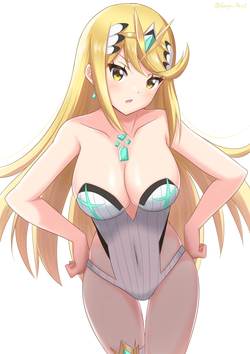 1girl 6oryo_illust alluring alternate_costume big_breasts bikini blonde_hair breasts cleavage core_crystal gold_eyes heroine mythra nintendo swimsuit xenoblade_(series) xenoblade_chronicles_2