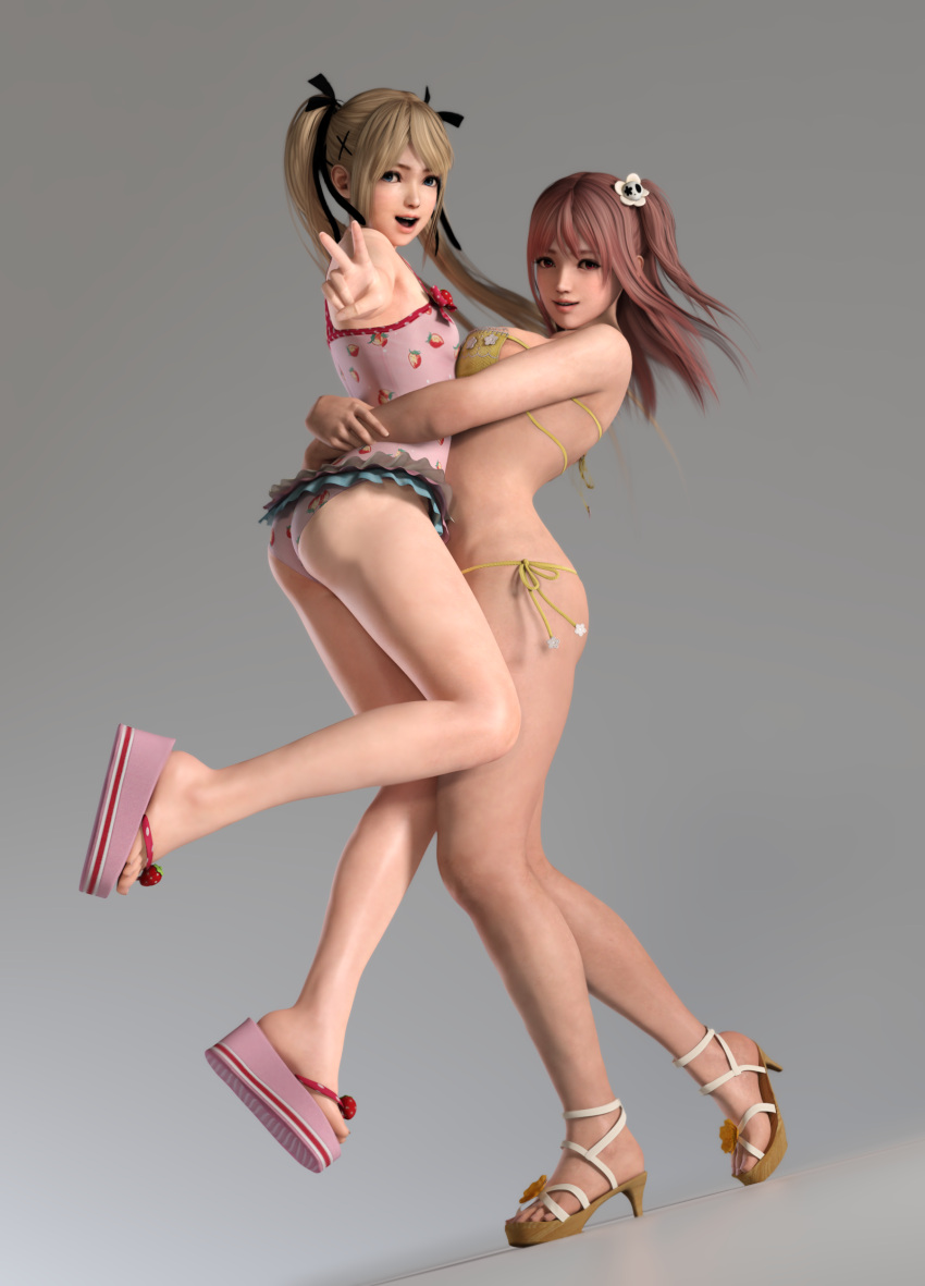 2_girls 3d alluring big_breasts bikini blonde_hair breast_size_difference dead_or_alive dead_or_alive_xtreme dead_or_alive_xtreme_2 dead_or_alive_xtreme_3_fortune dead_or_alive_xtreme_beach_volleyball dead_or_alive_xtreme_venus_vacation eyepatch_bikini female_only full_body held_up honoka honoka_(doa) lifting_person long_hair looking_at_viewer marie_rose one-piece_swimsuit pink_hair sandals simple_background small_breasts smile swimsuit tecmo twin_tails v_sign x2gon